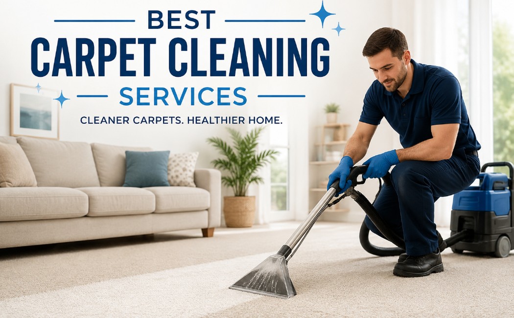 Professional residential carpet cleaning technician deep cleaning a living room carpet in a modern home environment
