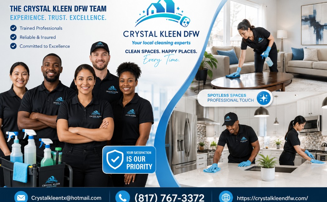 Professional cleaning team of Crystal Kleen DFW working on home cleaning, including kitchen, living room, and surfaces, with contact details email crystalkleentx@hotmail.com, phone (817) 767-3372, and website crystalkleendfw.com