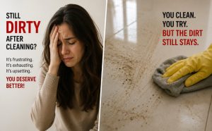Frustrated homeowner looking stressed because the house still feels dirty after cleaning, while dust and dirt remain on the floor