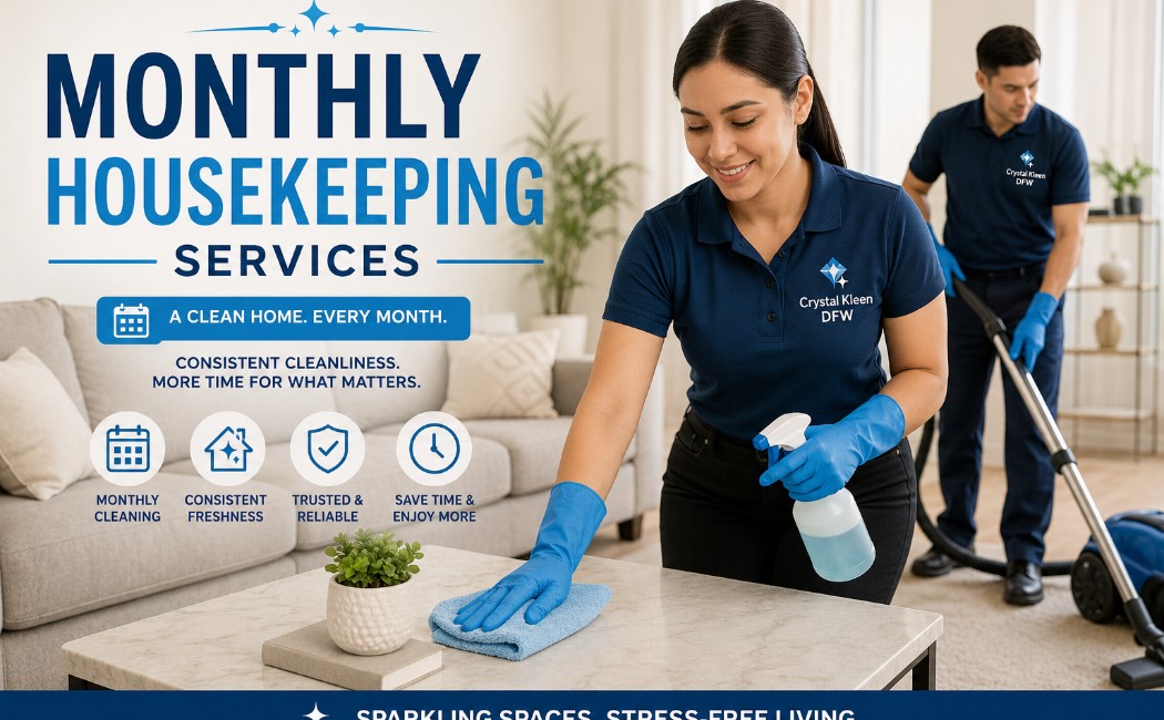 Crystal Kleen DFW housekeeping professionals performing monthly home cleaning and sanitizing services in a residential property