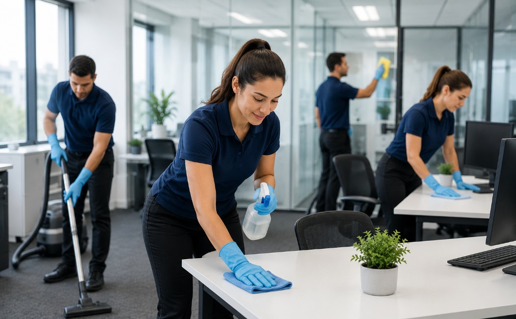 Commercial cleaning crew sanitizing desks, vacuuming floors, and cleaning glass partitions in a modern office