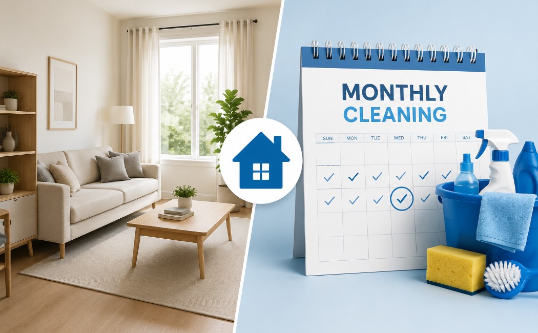 Professional house cleaner mopping floors, wiping countertops, and dusting surfaces in a bright residential home as part of regular cleaning services.