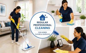 Monthly home cleaning service illustration showing a clean, modern home on one side and a recurring cleaning schedule with professional cleaning supplies on the other.